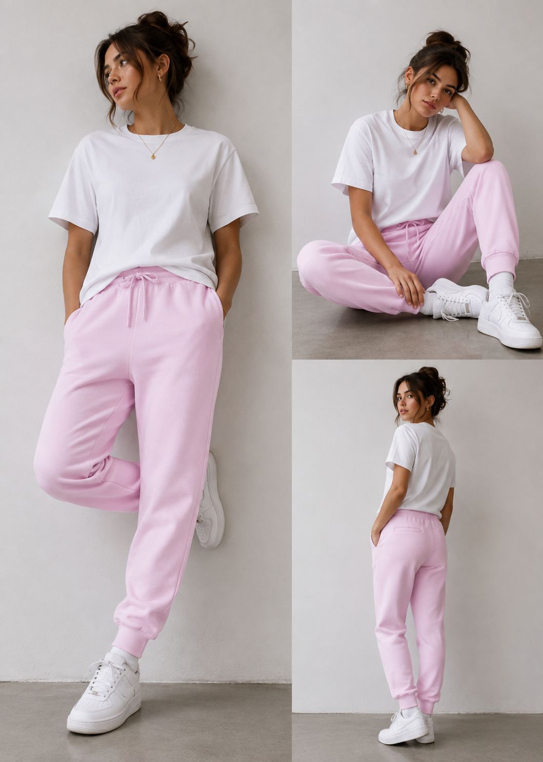 A woman modeling a casual outfit in three poses against a light gray wall. She wears a white short-sleeve crewneck T-shirt and light pink jogger sweatpants with white sneakers.