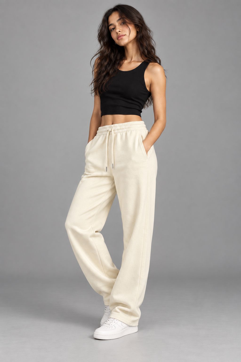 A woman modeling a pair of cream-colored, wide-leg sweatpants with a drawstring waist, paired with a black crop top and white sneakers, against a solid gray studio background.