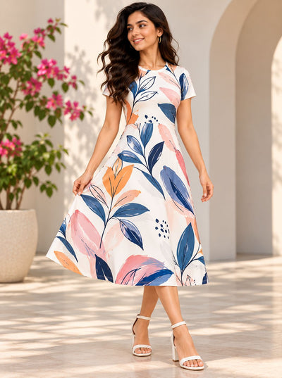 A woman modeling a short-sleeve A-line midi dress with a colorful abstract leaf print in blue, pink, and orange on a white background, set in a sunlit outdoor patio with arches and a potted plant.