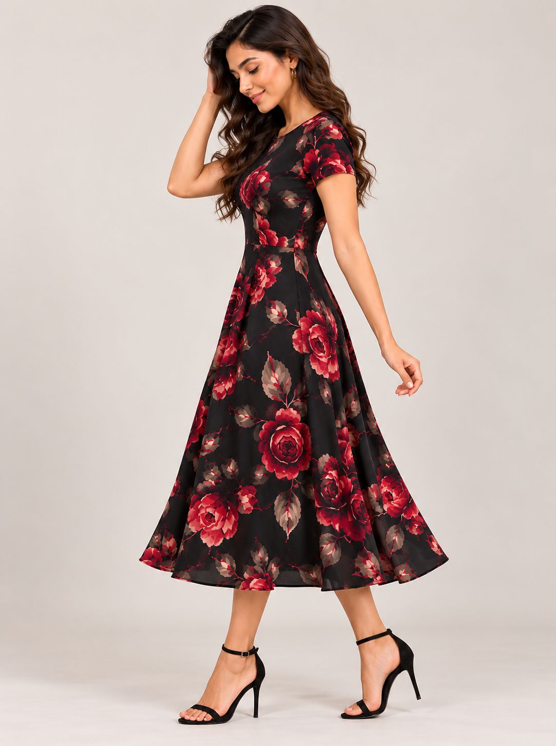 A woman modeling a short-sleeve midi dress with a black background and a red and pink floral print, paired with black high-heeled sandals, against a light gray studio background.