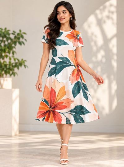 A woman modeling a short-sleeve midi dress with a vibrant floral print featuring orange, red, and teal flowers on a cream background, set in a bright, modern indoor space with soft shadows.