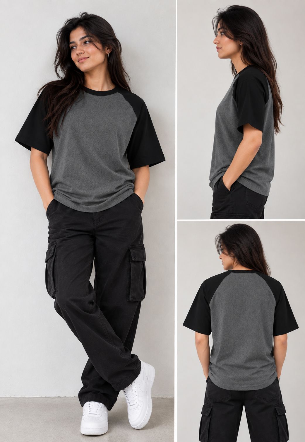 A woman modeling a short-sleeve raglan T-shirt in three views: front, side, and back. The shirt has a dark gray body with black sleeves and collar.