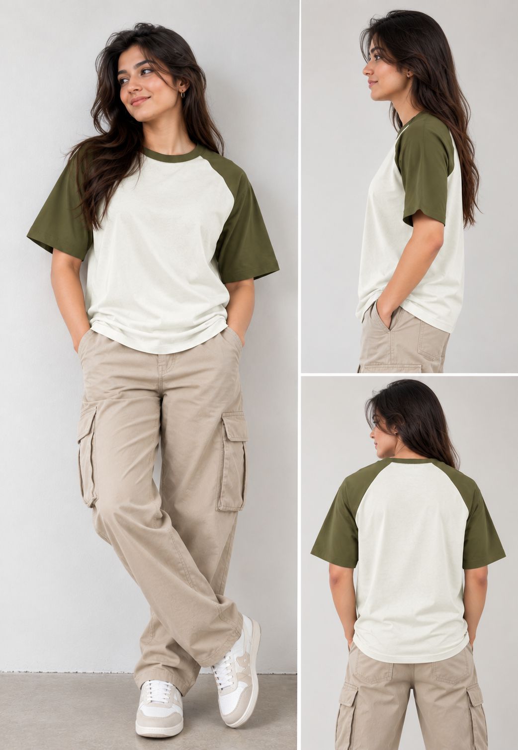 A woman modeling a short-sleeve raglan T-shirt in three views: full front, side profile, and back. The shirt has an off-white body with olive green sleeves and collar.