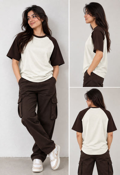 A woman modeling a two-tone raglan t-shirt with dark brown sleeves and collar, paired with dark brown cargo pants, shown in a three-panel collage against a light gray studio background.