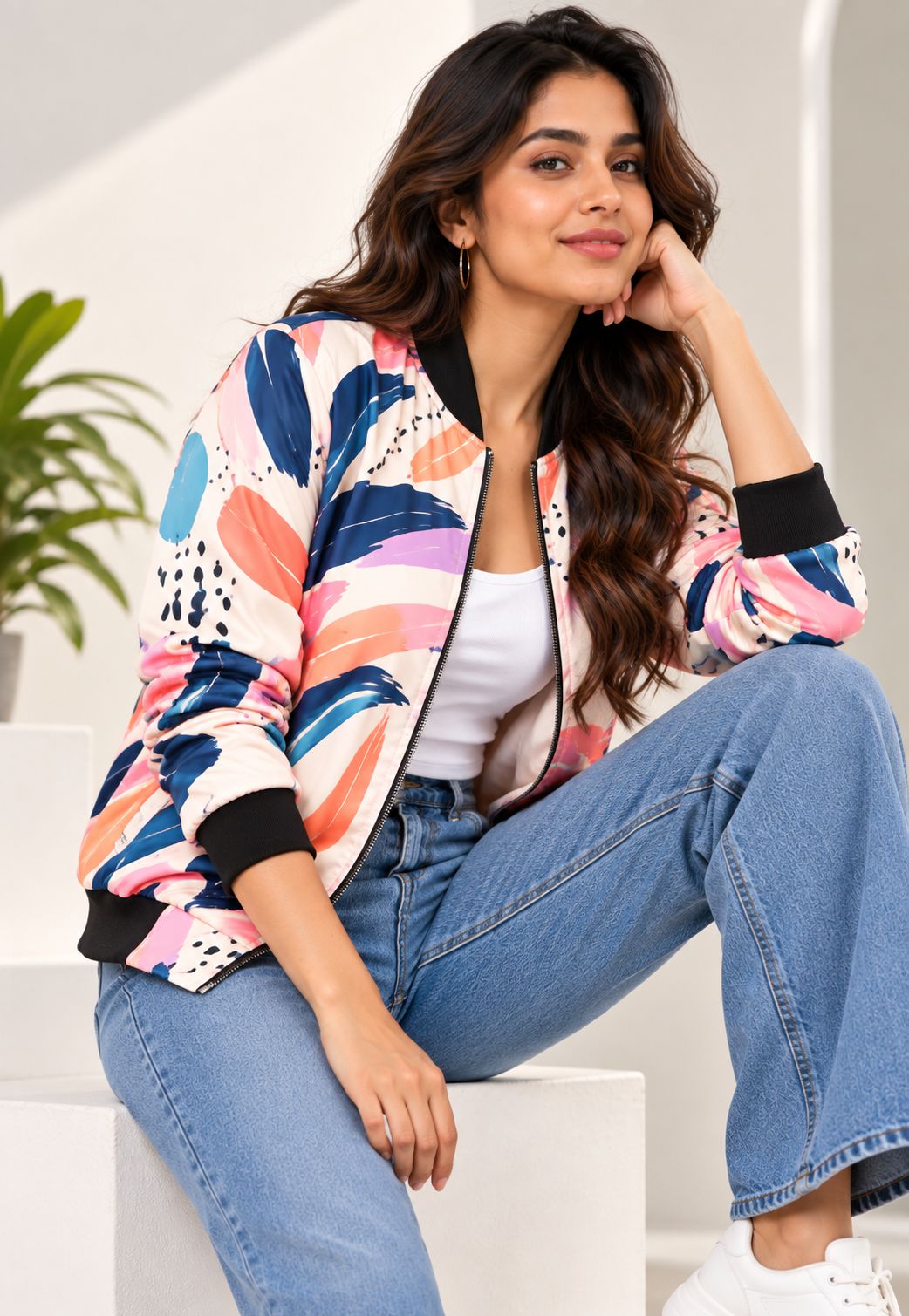 A woman sits on white steps wearing a colorful abstract print bomber jacket with blue jeans and white sneakers.