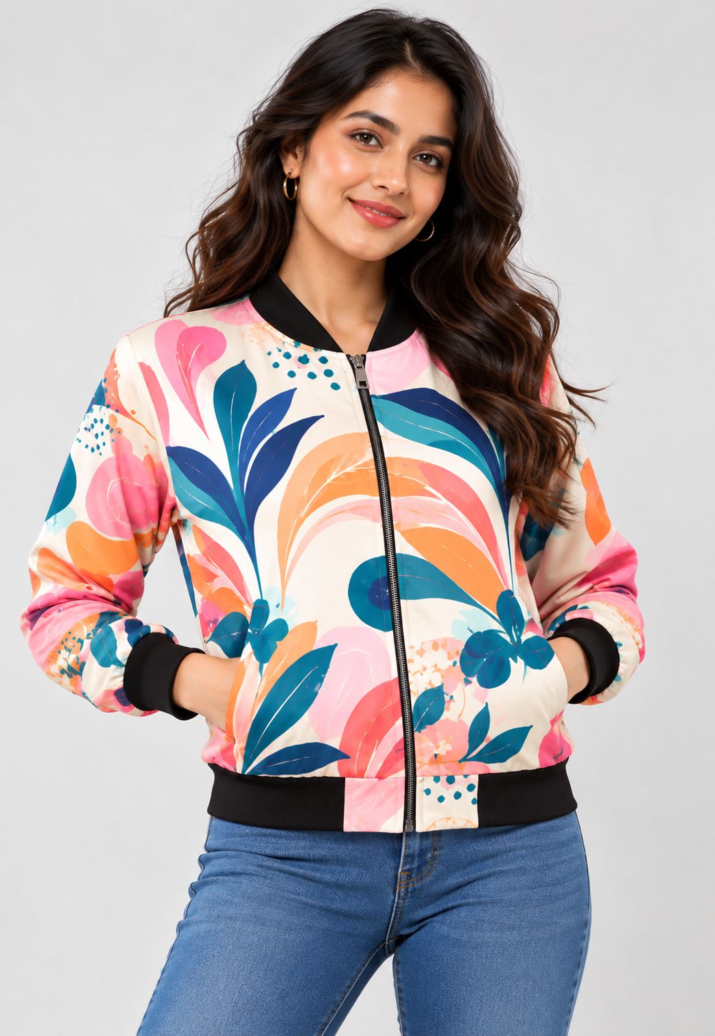 A woman wearing a colorful floral print bomber jacket with black ribbed trim, paired with blue jeans, against a light gray studio background.