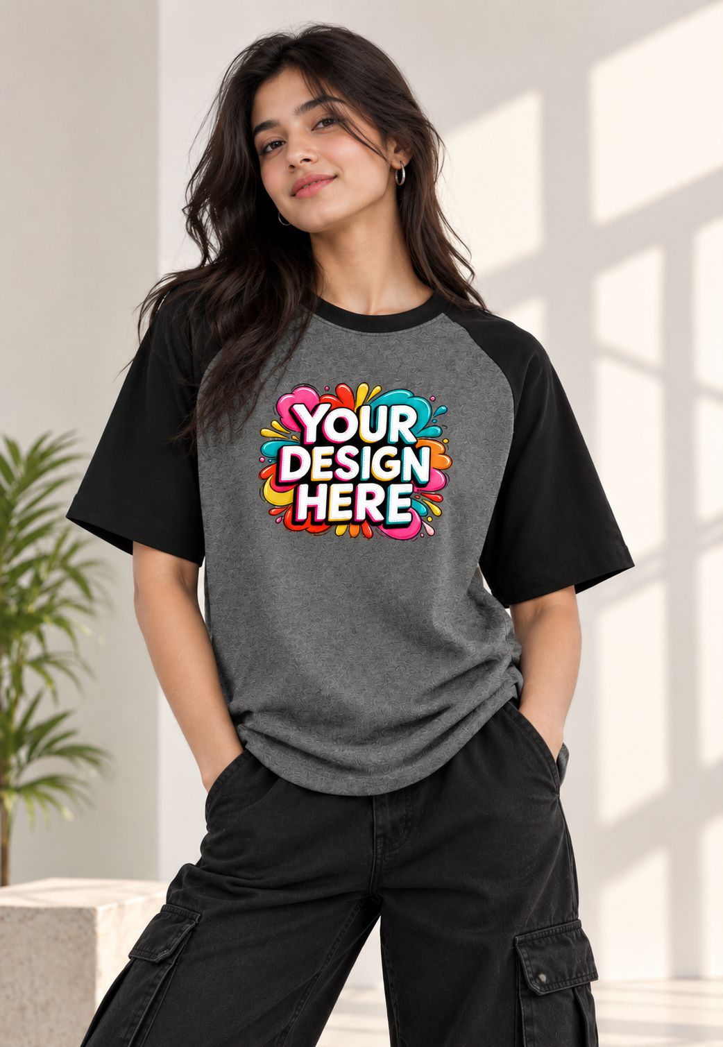 A woman wearing a custom raglan-style t-shirt with a colorful 'YOUR DESIGN HERE' mockup graphic on the chest, paired with black cargo pants in a bright indoor setting.