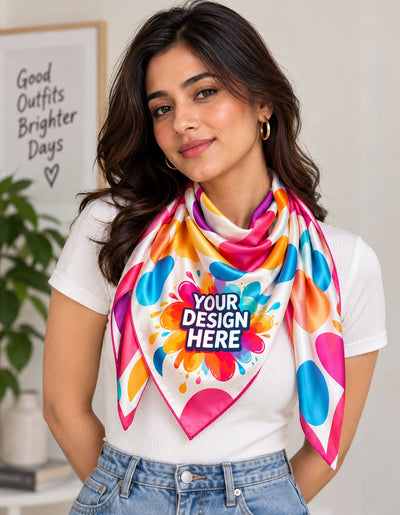 A woman wearing a white ribbed t-shirt and blue jeans models a square scarf with a colorful abstract paint splatter pattern. The scarf features a customizable mockup overlay that reads 'YOUR DESIGN HERE'.