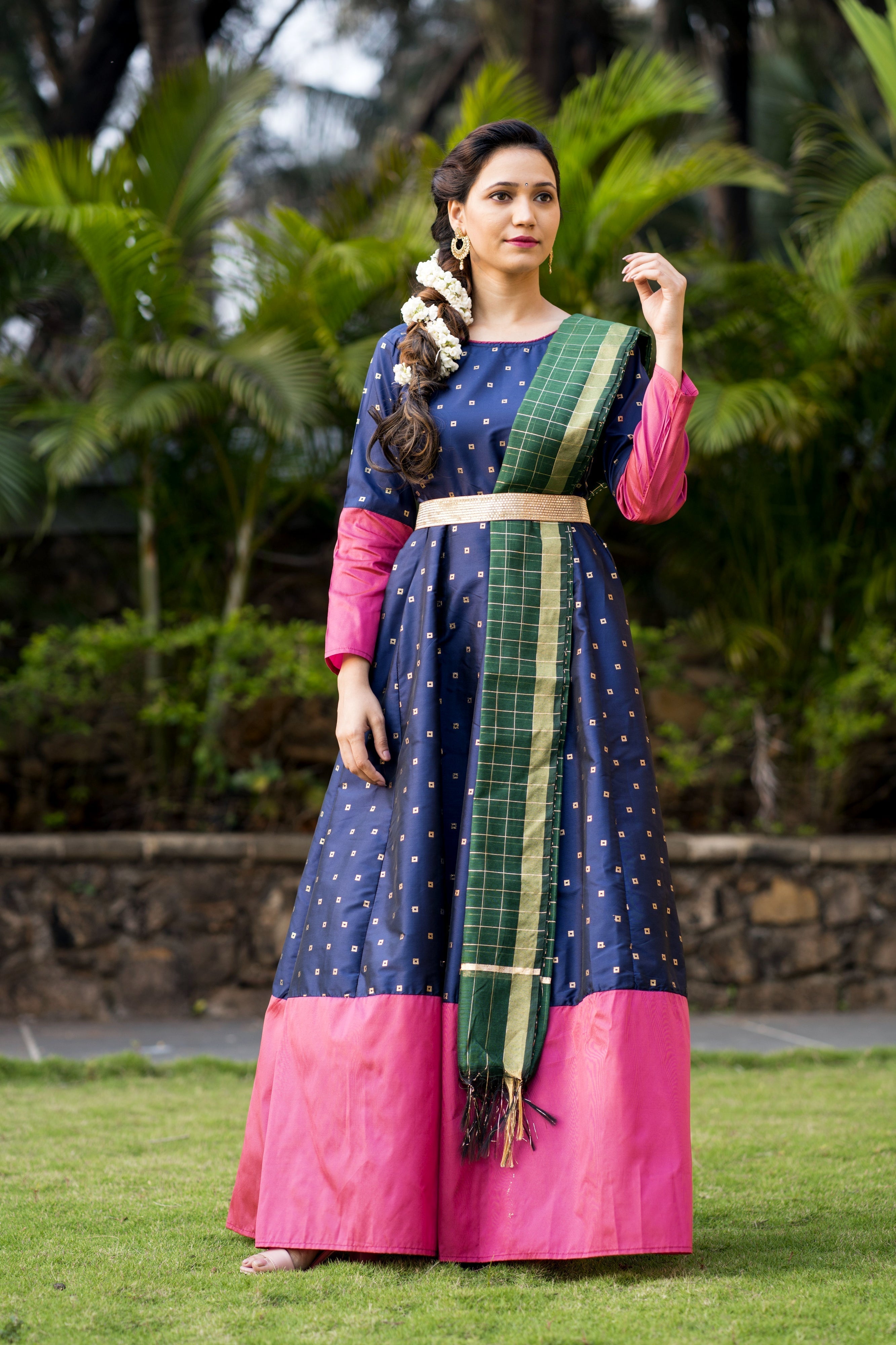 Adorable Designer Wear Blue Satin Silk Anarkali Gown With Silk Chanderi Dupatta- FunkyTeesClub