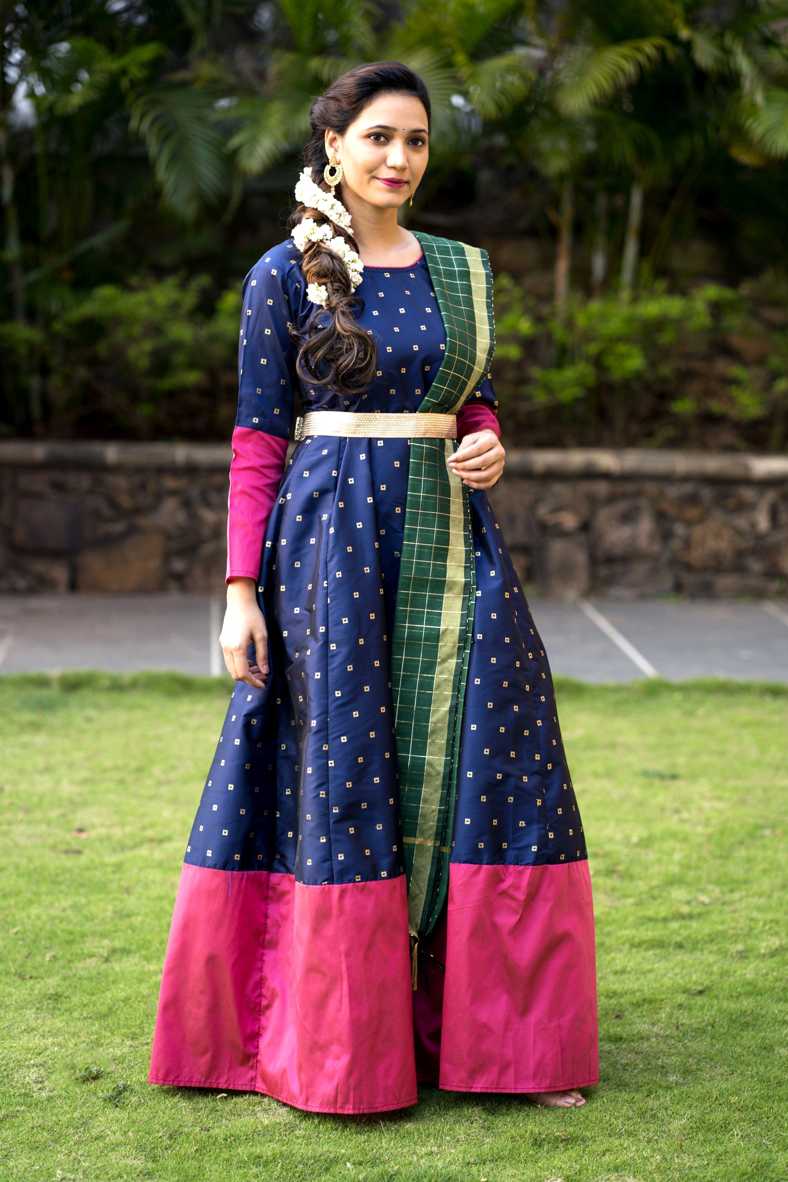 Adorable Designer Wear Blue Satin Silk Anarkali Gown With Silk Chanderi Dupatta- FunkyTeesClub