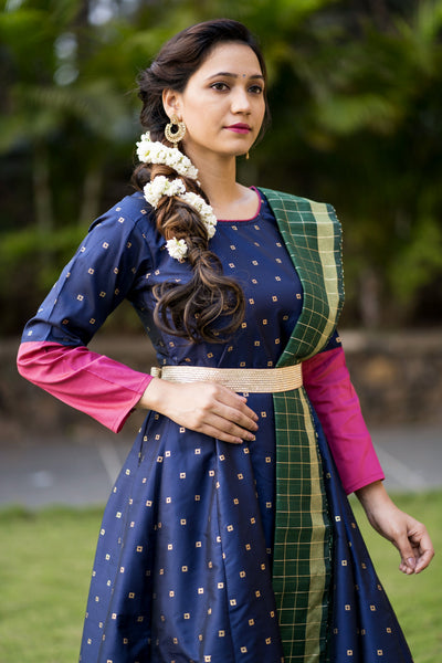 Adorable Designer Wear Blue Satin Silk Anarkali Gown With Silk Chanderi Dupatta- FunkyTeesClub