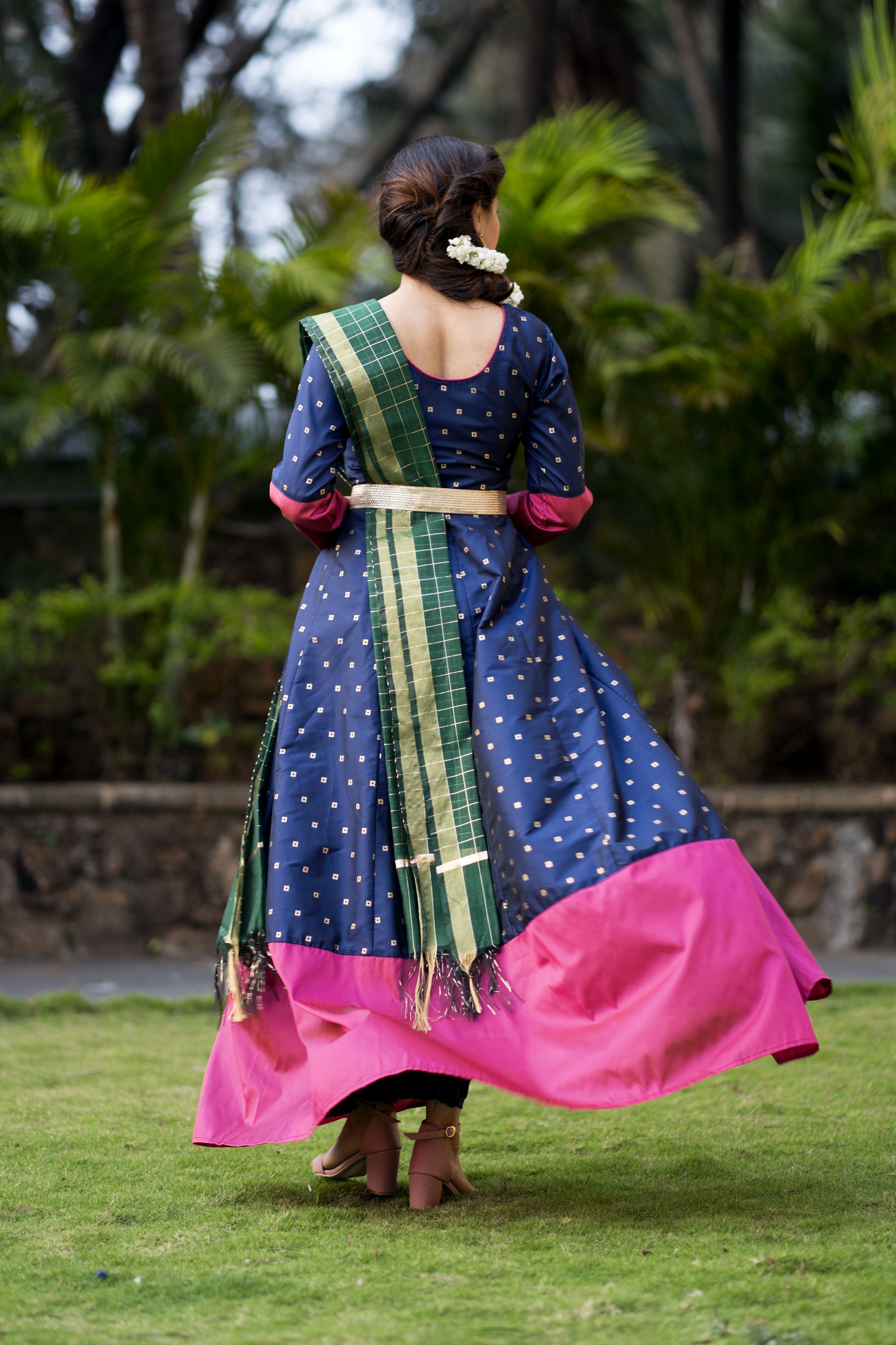 Adorable Designer Wear Blue Satin Silk Anarkali Gown With Silk Chanderi Dupatta- FunkyTeesClub