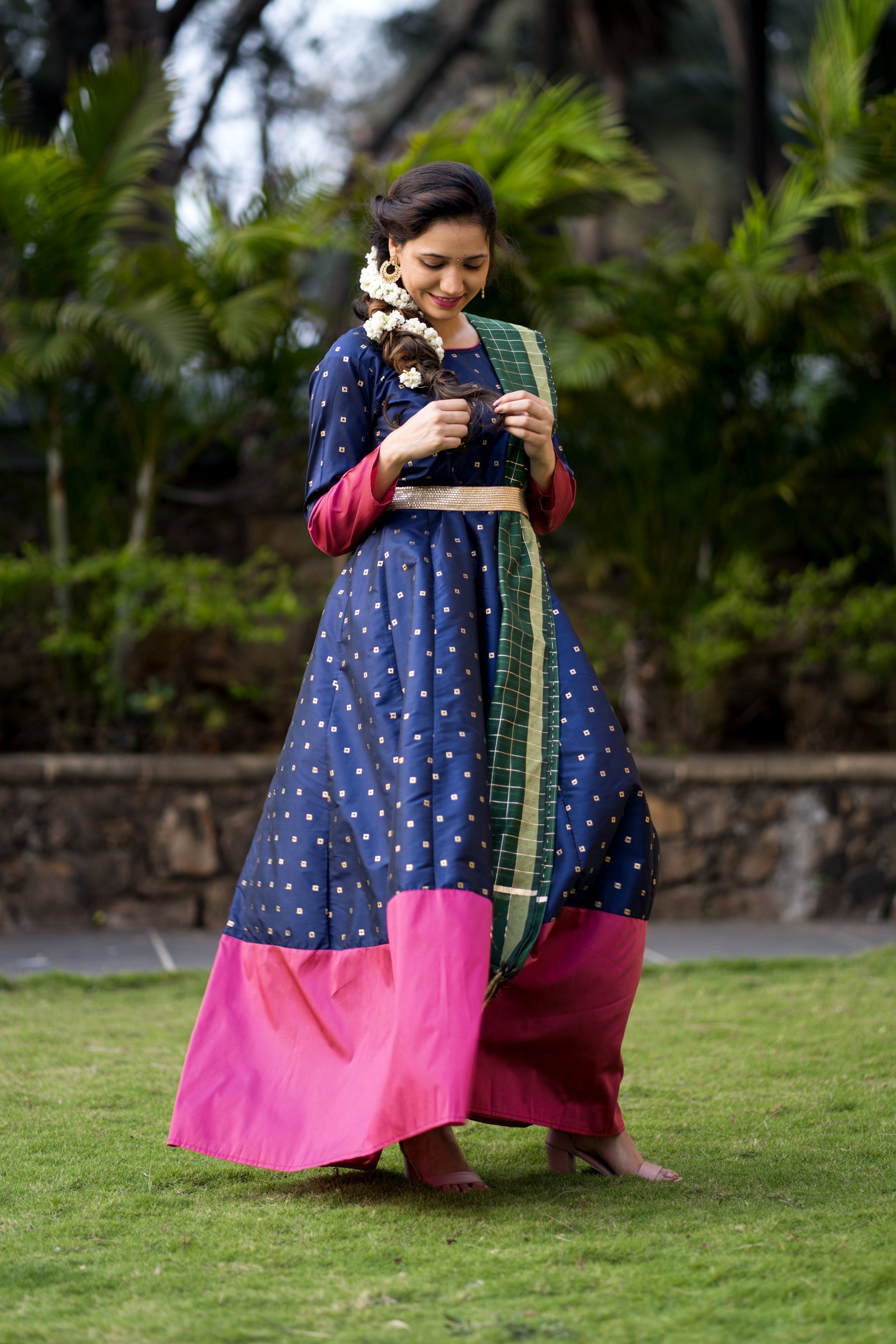Adorable Designer Wear Blue Satin Silk Anarkali Gown With Silk Chanderi Dupatta- FunkyTeesClub