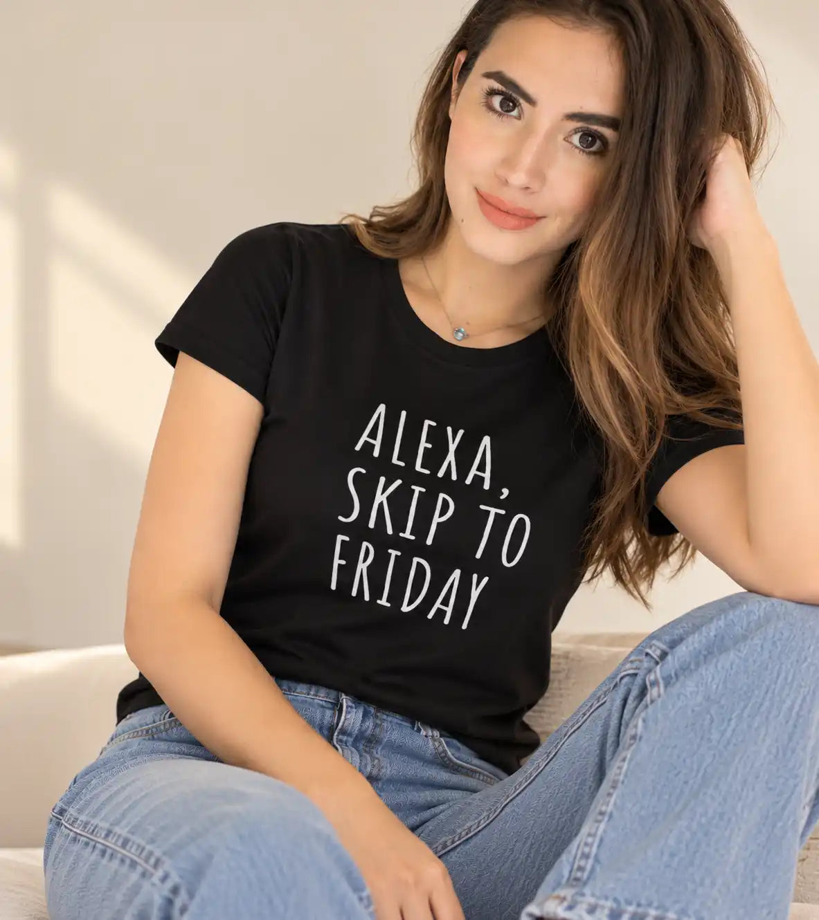 Black women's half-sleeve T-shirt with 'Alexa, Skip to Friday' front graphic