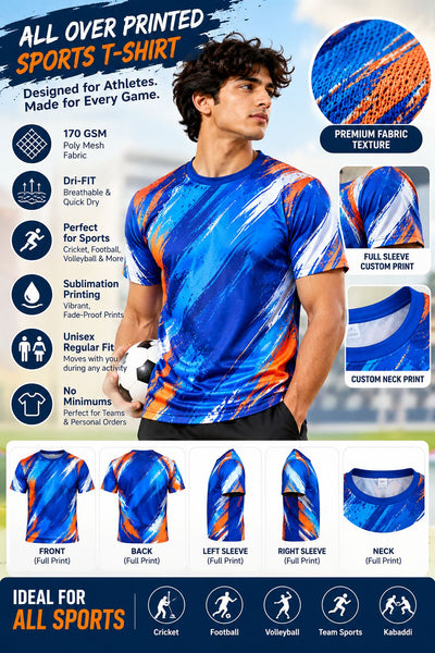 All-over printed sports T-shirt with 170 GSM poly mesh fabric