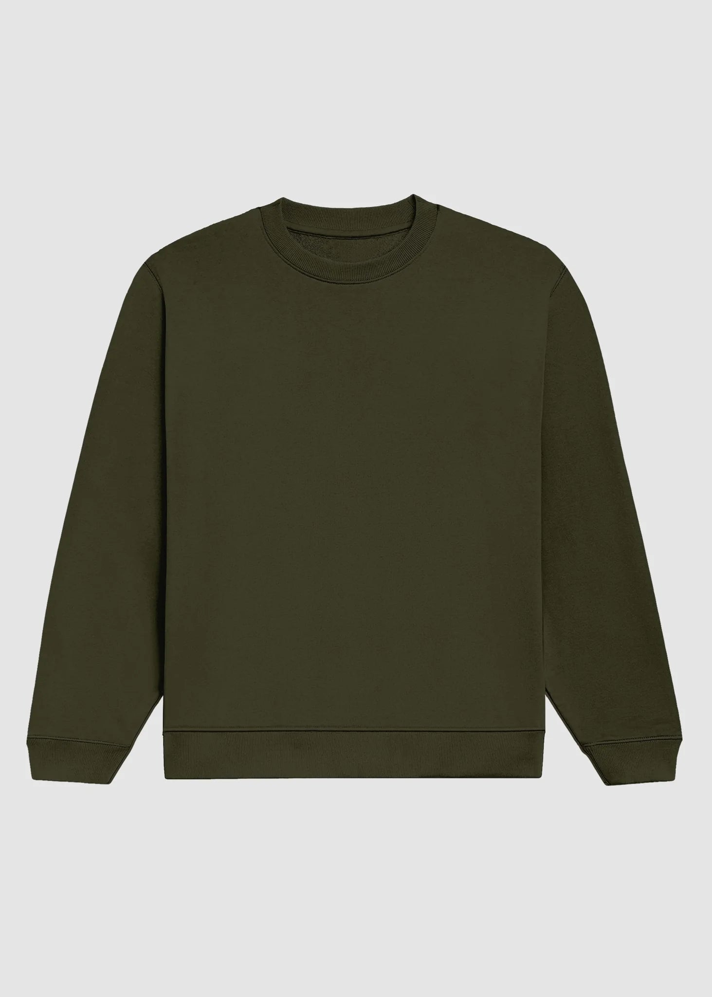 An olive green crewneck sweatshirt with long sleeves and ribbed cuffs and hem, displayed flat against a light gray background.