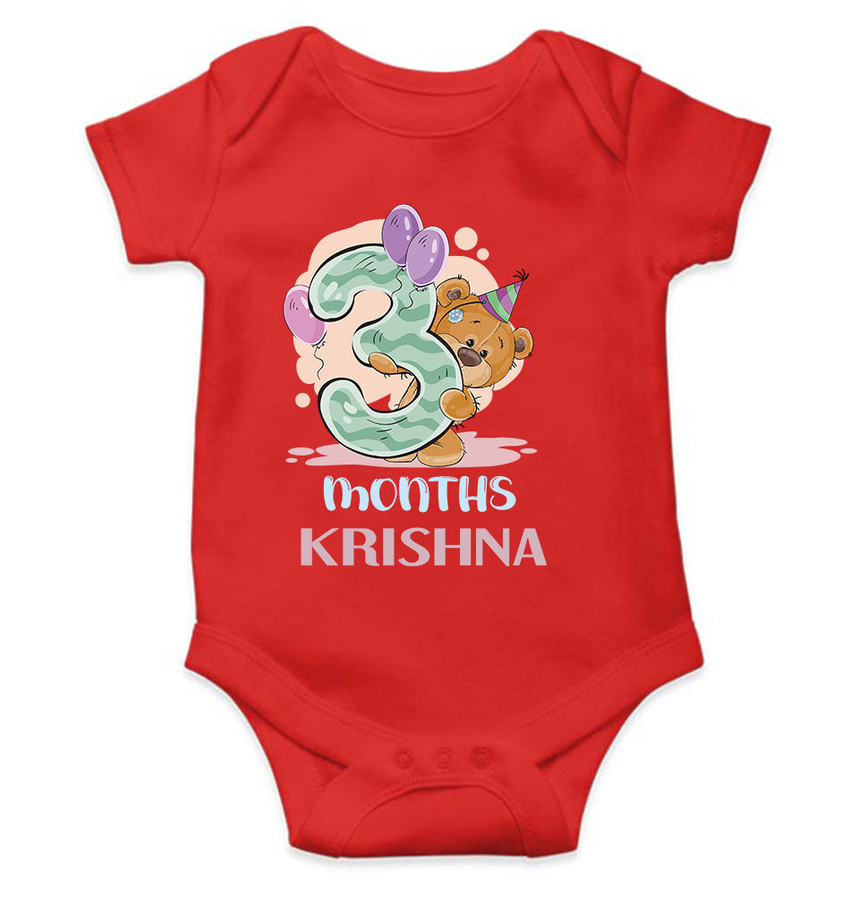 Custom Name 3 Month Birthday Teddy Design Rompers for Baby Boy- FunkyTeesClub