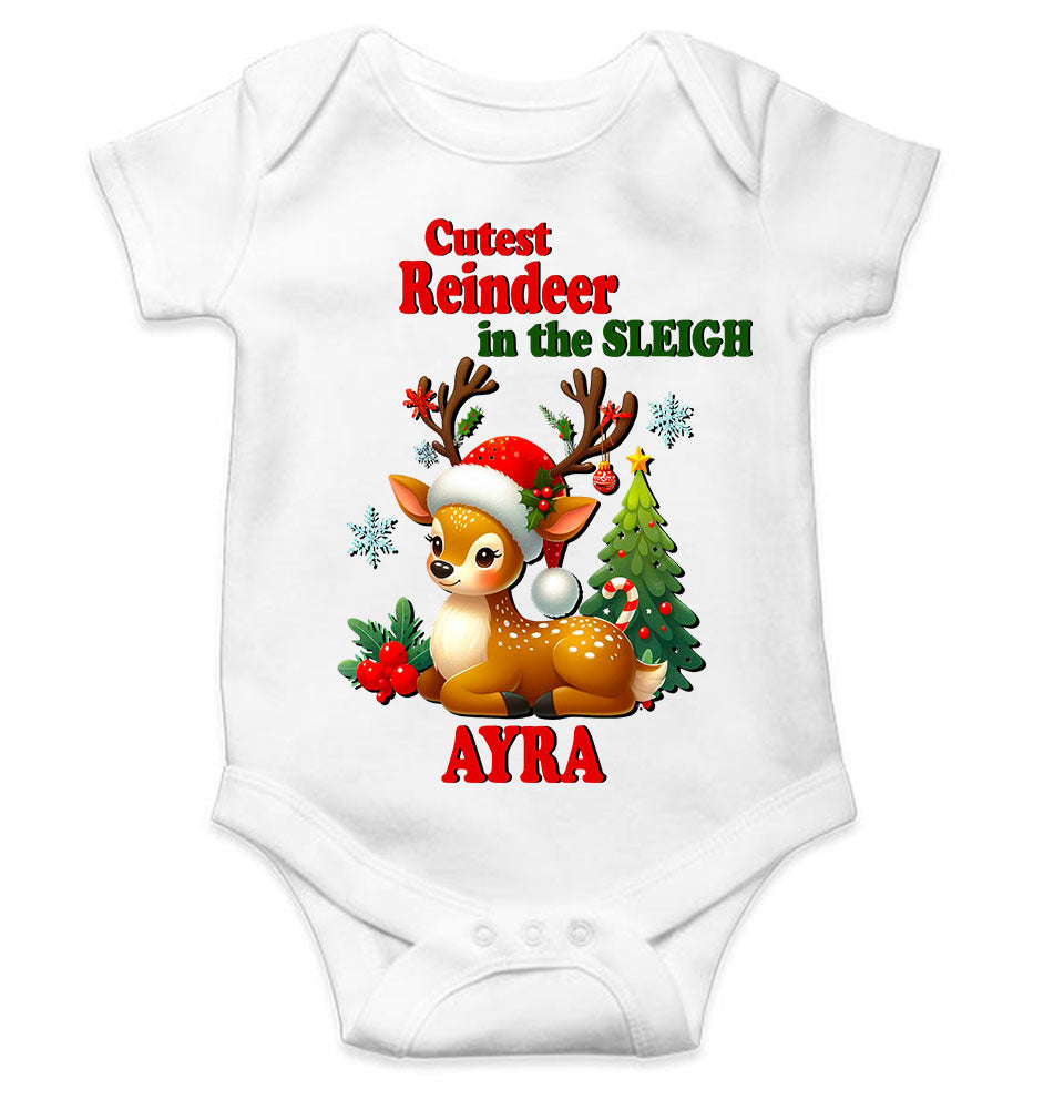 Custom Name Cutest Reindeer In The Sleigh Christmas Rompers for Baby Girl- FunkyTeesClub