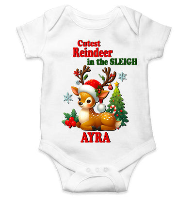 Custom Name Cutest Reindeer In The Sleigh Christmas Rompers for Baby Girl- FunkyTeesClub