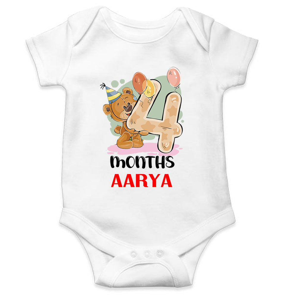 Custom Name 4 Month Birthday Teddy Design Rompers for Baby Girl- FunkyTeesClub