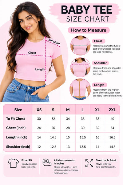 Women's baby tee size chart infographic