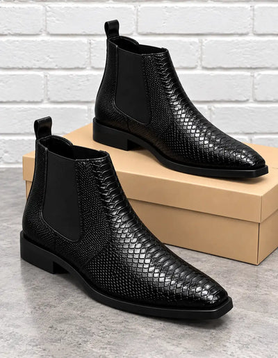 Black croc-texture Chelsea boots with elastic side panels and low heels