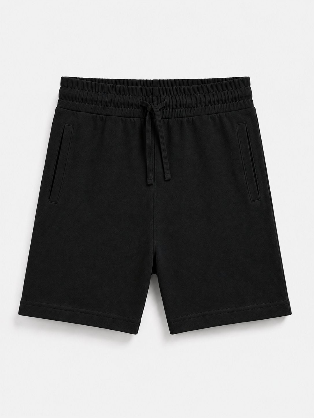 Black drawstring shorts with side pockets, photographed flat against a light gray background.