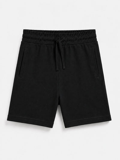 Black drawstring shorts with side pockets, photographed flat against a light gray background.