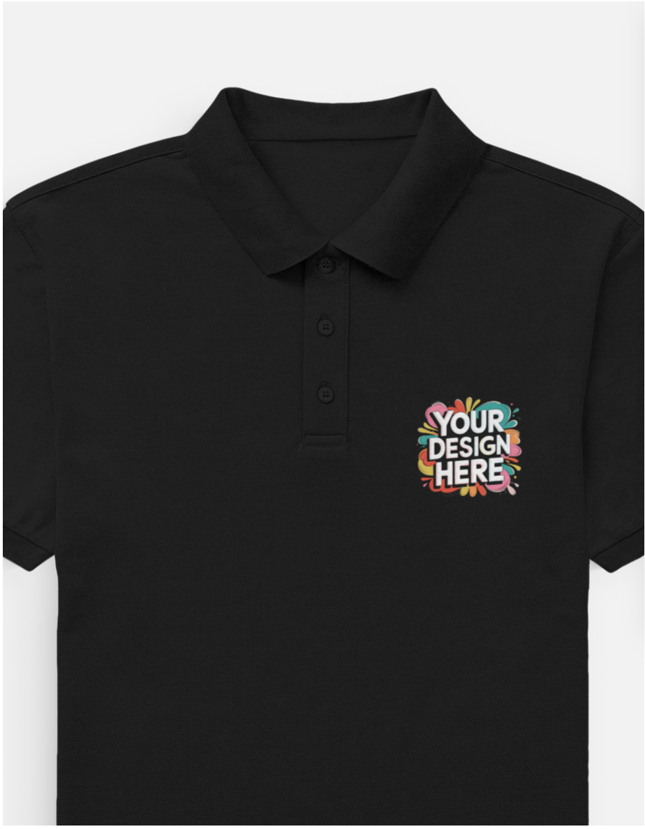 Black polo shirt with customizable design on left pocket area on a white background