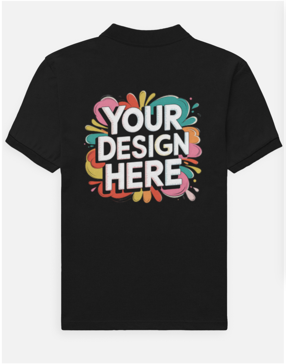 Black t-shirt with 'Your Design Here' text backside on a white background