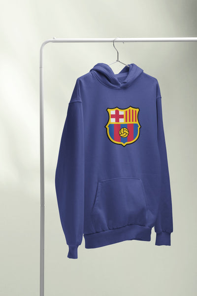Blue hoodie with a colorful emblem on a white background