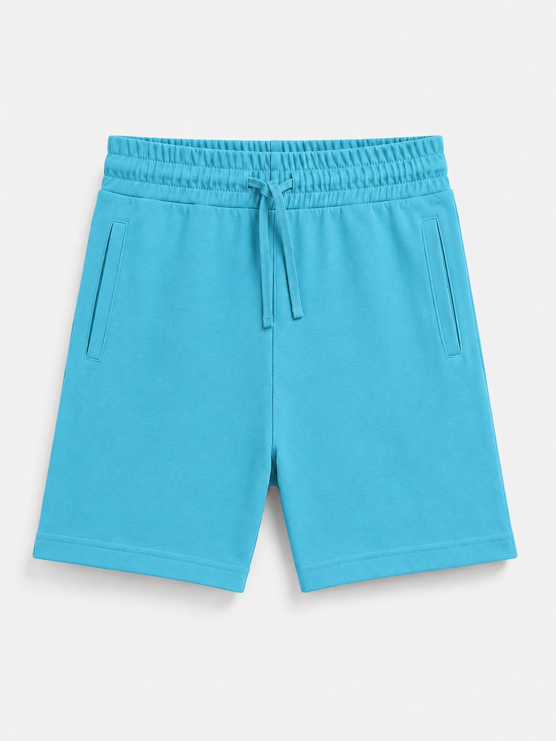 Bright turquoise blue sweat shorts with an elastic drawstring waist and side pockets, shown flat on a light gray background.