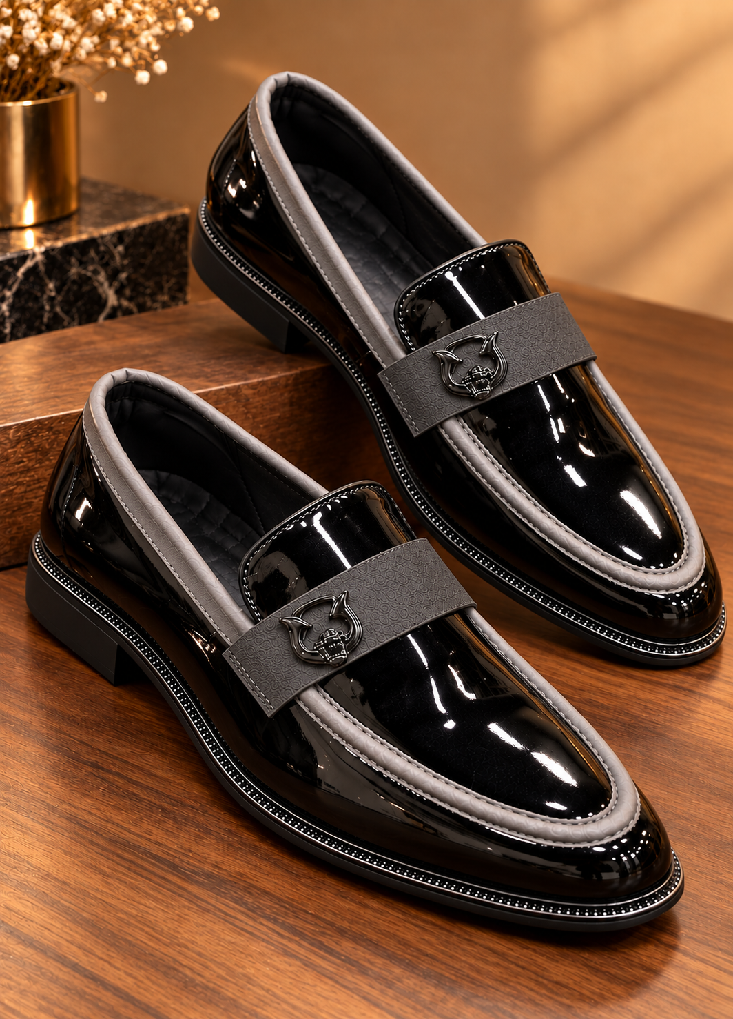 Premium Partywear Patent Black Moccasins for Men – Grey Strap Detail