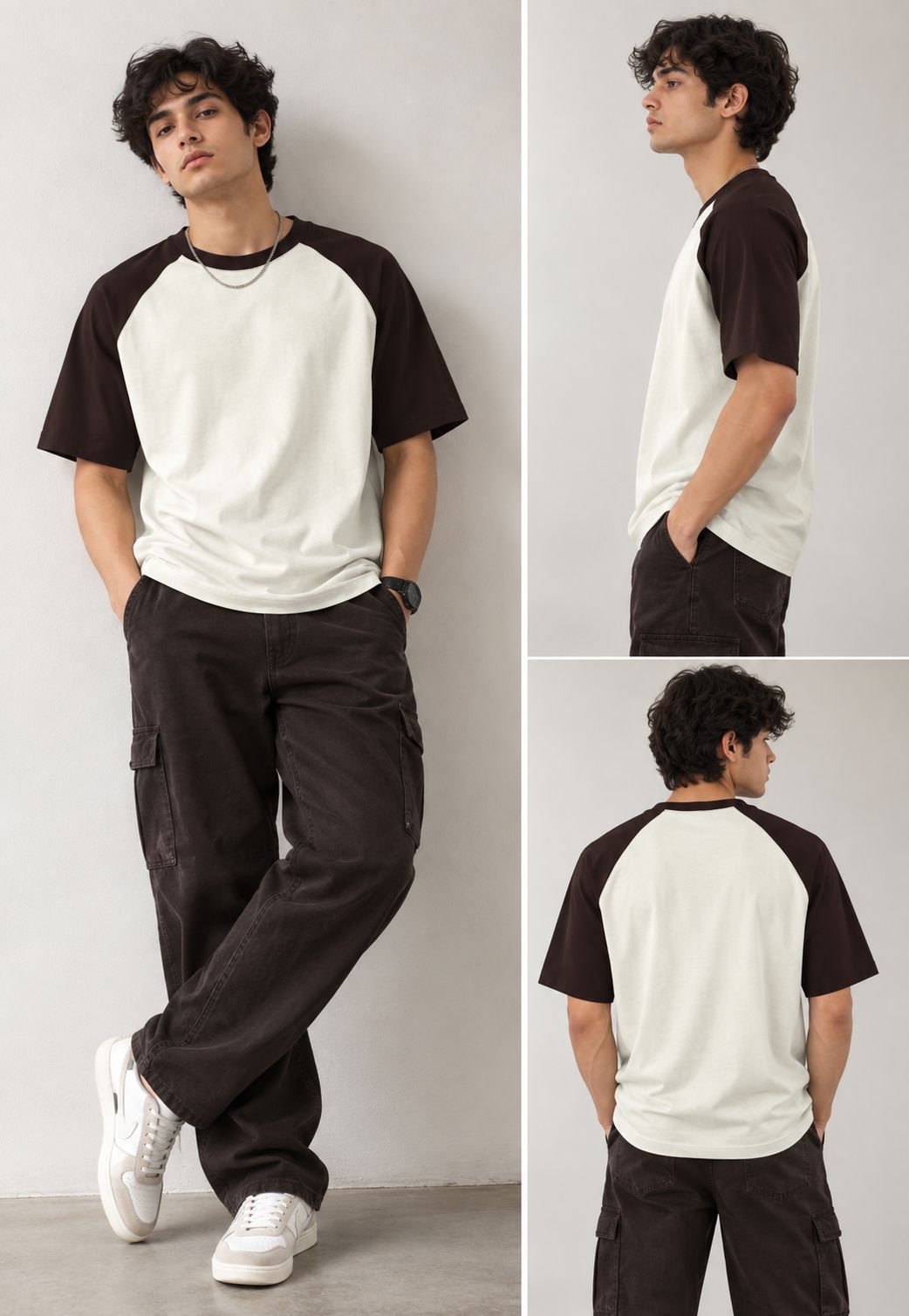 A model wearing a short-sleeve raglan t-shirt with a cream and dark brown color-blocked design, paired with dark brown cargo pants and white sneakers, shown in three views: front, side, and back.