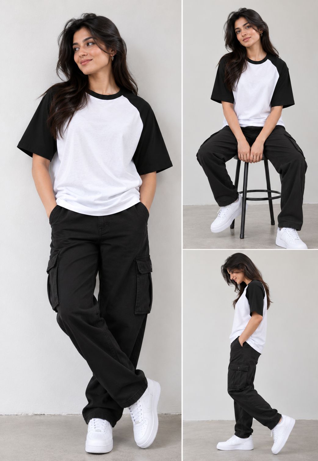 A woman modeling a black and white raglan t-shirt with black cargo pants and white sneakers in a studio setting, shown in a large main panel and three smaller inset panels showing different poses.