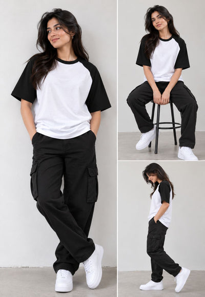A woman modeling a black and white raglan t-shirt with black cargo pants and white sneakers in a studio setting, shown in a large main panel and three smaller inset panels showing different poses.