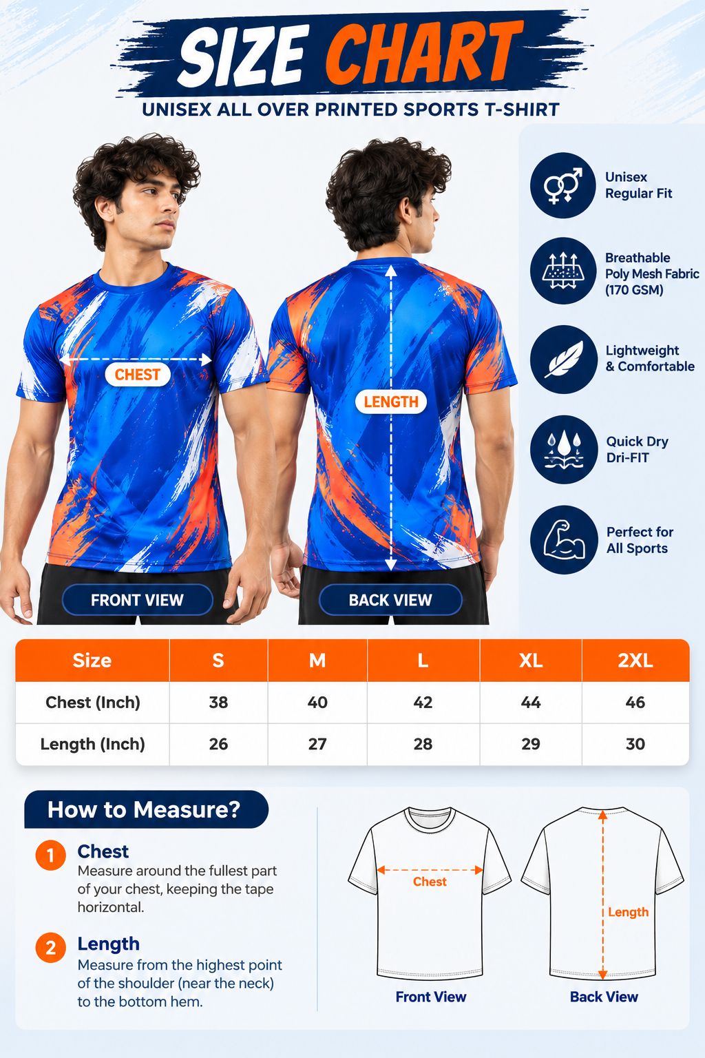 Custom AOP sports T-shirt men's size chart S to 2XL