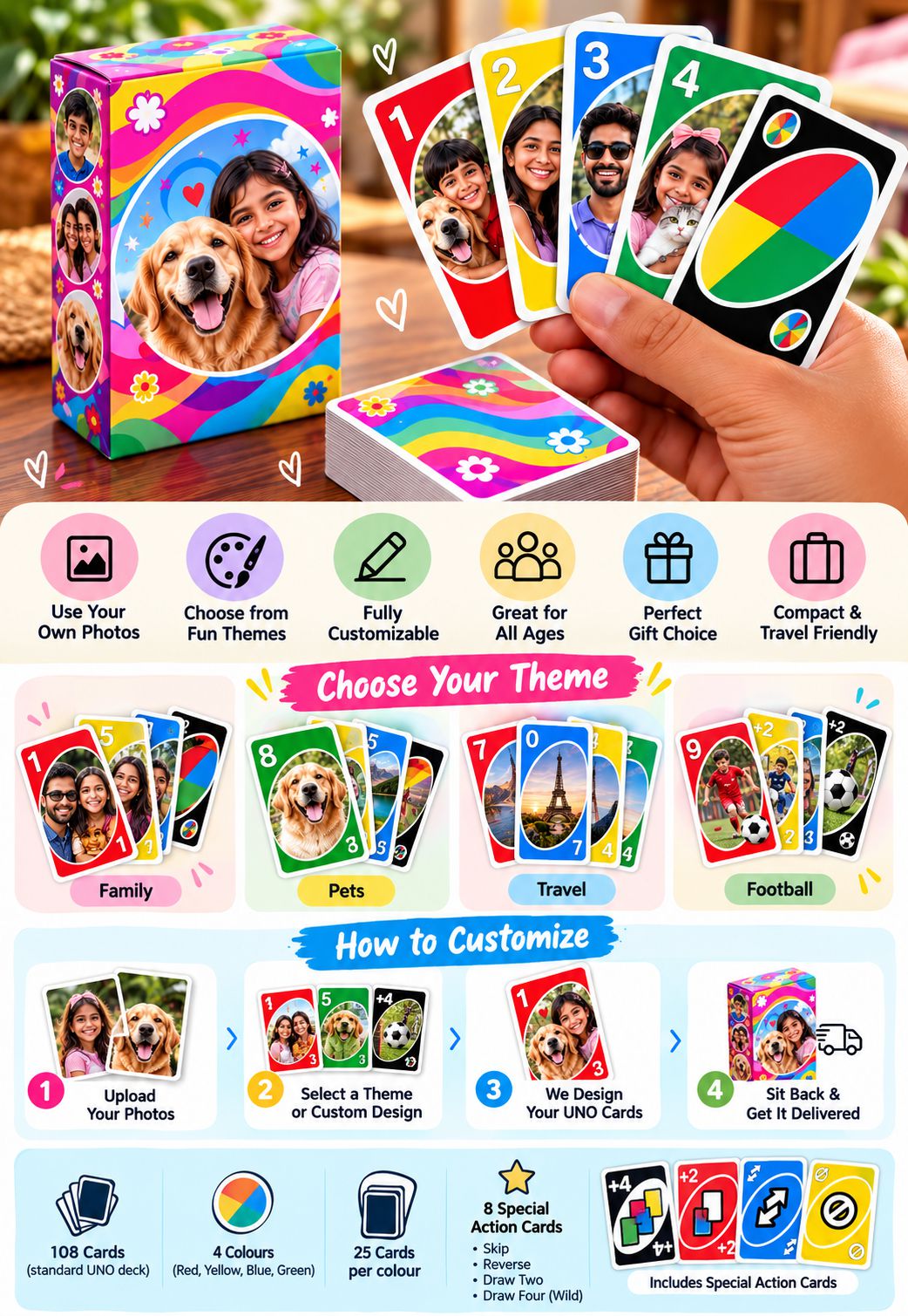 Custom UNO cards personalized with photos, artwork and custom themes