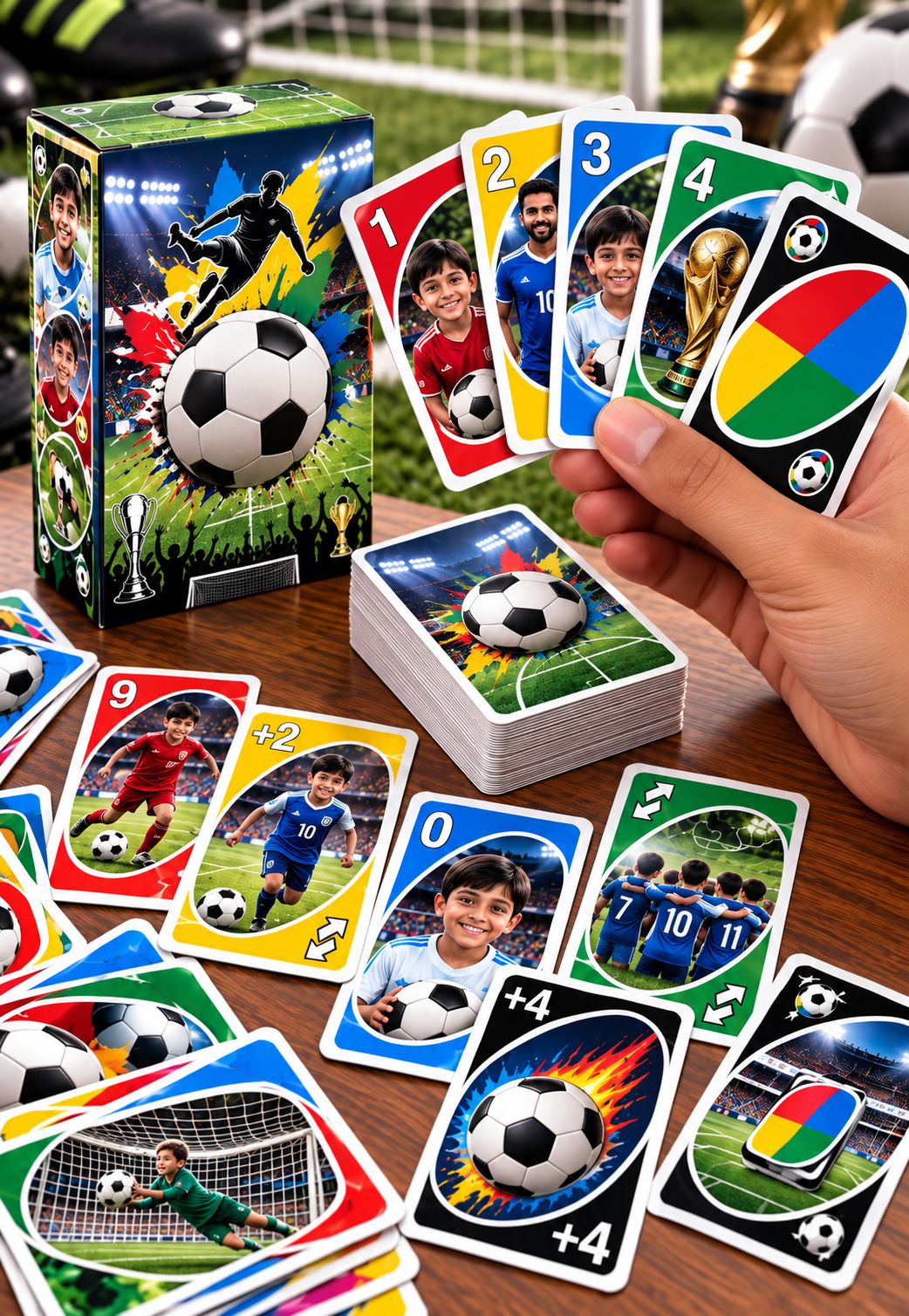 Custom UNO cards with personalized football photos and custom card box