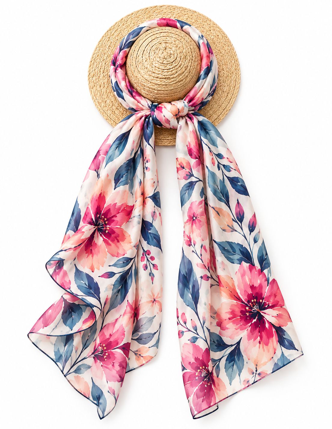 Custom floral printed stole styled on a straw hat