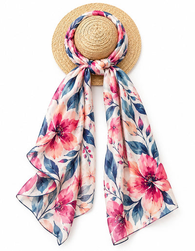 Custom floral printed stole styled on a straw hat