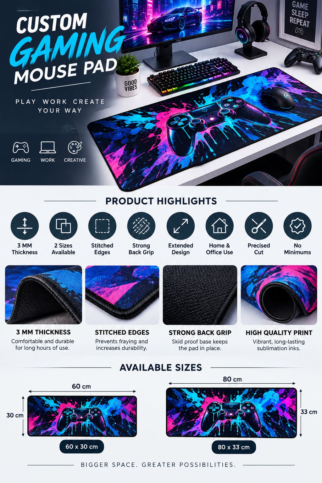 Custom gaming mouse pad with a vibrant blue, purple, and pink nebula design, shown on a desk setup with a keyboard and mouse. The image includes a detailed product highlights section with icons and dimensions for different sizes (60x30 cm, 80x30 cm, 90x33 cm) on a clean white background.