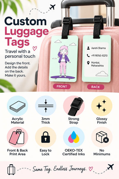 Custom luggage tags shown attached to a pink suitcase, with a large promotional header reading 'Custom Luggage Tags' and feature icons below showing acrylic material, 3mm thickness, strong strap, glossy finish, front and back printing, easy lock, OEKO-TEX certified inks, and no minimum quantity.
