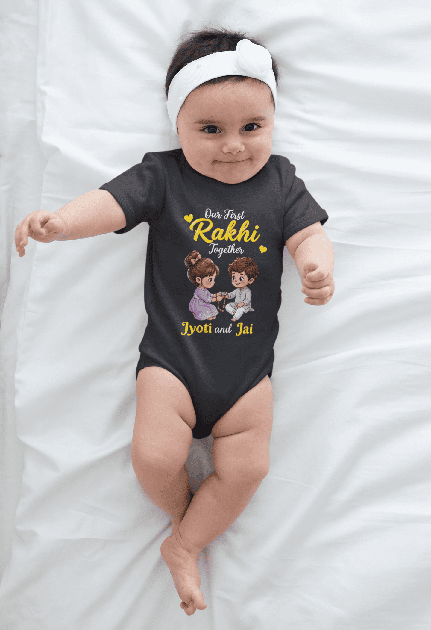 Custom name baby girl Rakhi Black romper with cute brother sister design and sibling names