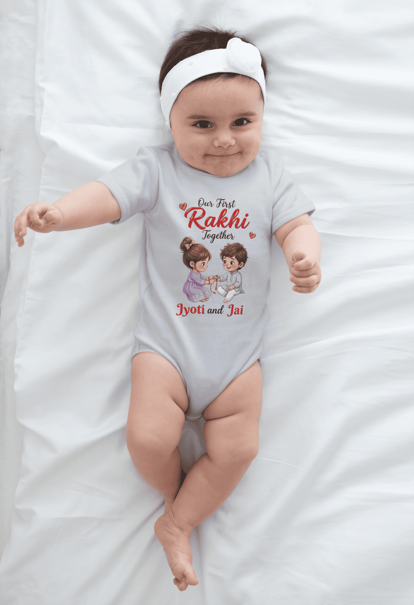 Custom name baby girl Rakhi Grey romper with cute brother sister design and sibling names