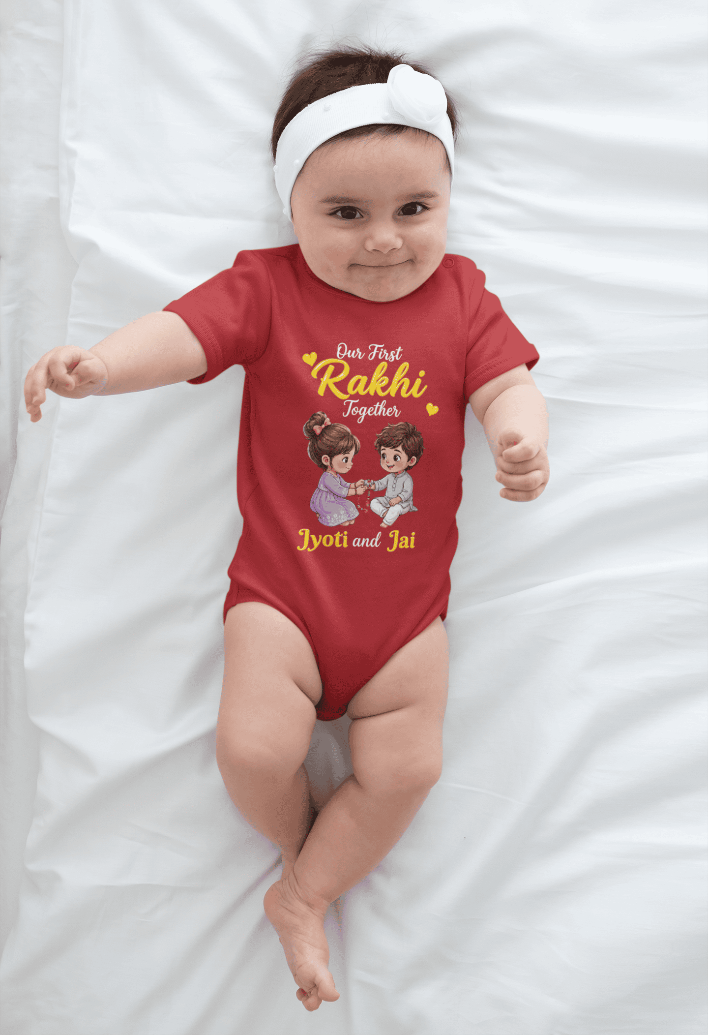Custom name baby girl Rakhi Red romper with cute brother sister design and sibling names