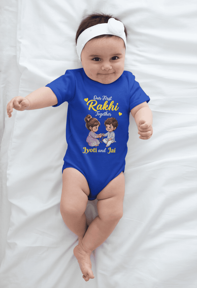 Custom name baby girl Rakhi Royal Blue romper with cute brother sister design and sibling names