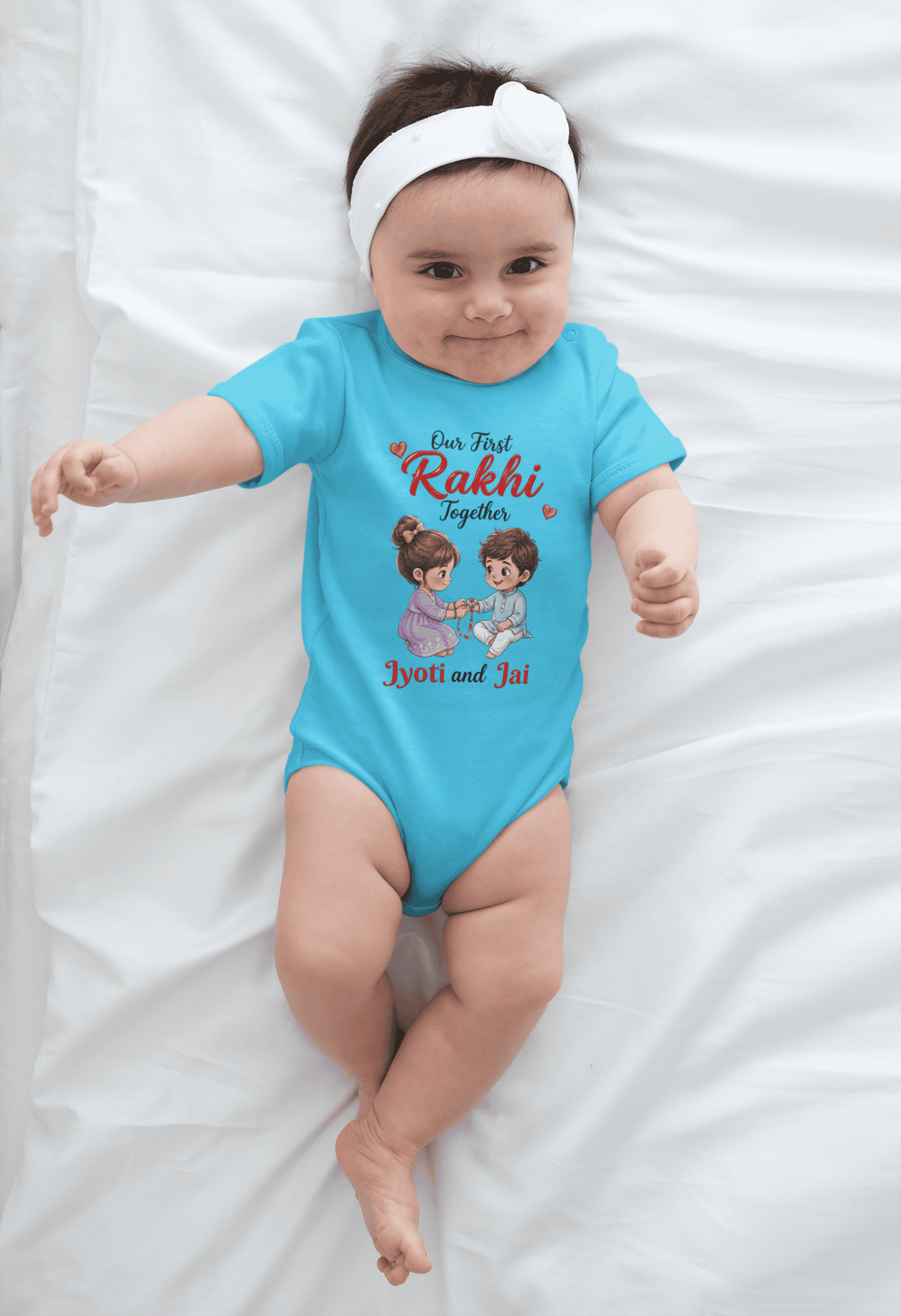 Custom name baby girl Rakhi Sky blue romper with cute brother sister design and sibling names