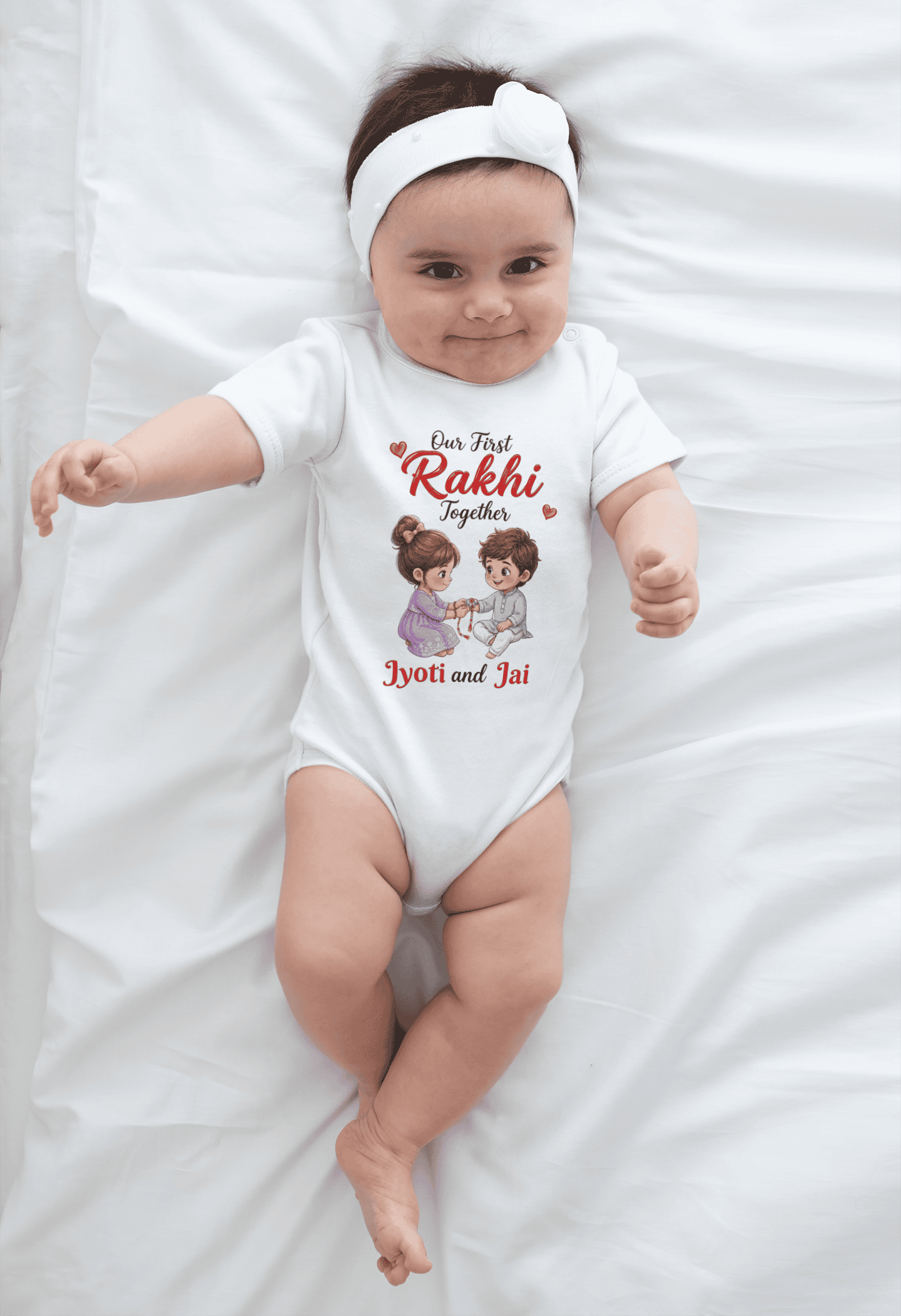 Custom name baby girl Rakhi White romper with cute brother sister design and sibling names