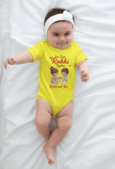 Custom name baby girl Rakhi Yellow romper with cute brother sister design and sibling names
